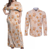 Hawaii Anthurium Tiare Pikake Lei Couples Matching Off Shoulder Maxi Dress and Long Sleeve Button Shirt Alani Lauhala Art Pattern LT01 Orange - Polynesian Pride