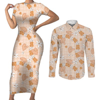 Hawaii Anthurium Tiare Pikake Lei Couples Matching Short Sleeve Bodycon Dress and Long Sleeve Button Shirt Alani Lauhala Art Pattern LT01 Orange - Polynesian Pride