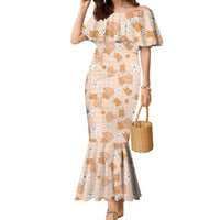 Hawaii Anthurium Tiare Pikake Lei Family Matching Mermaid Dress and Hawaiian Shirt Alani Lauhala Art Pattern LT01 Mom's Dress Orange - Polynesian Pride