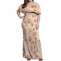 Hawaii Anthurium Tiare Pikake Lei Off Shoulder Maxi Dress Alani Lauhala Art Pattern LT01 Women Orange - Polynesian Pride
