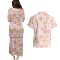Hawaii Anthurium Tiare Pikake Lei Couples Matching Puletasi and Hawaiian Shirt Akala Lauhala Art Pattern LT01 - Polynesian Pride