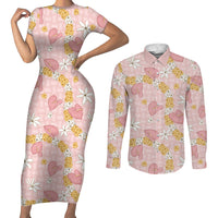 Hawaii Anthurium Tiare Pikake Lei Couples Matching Short Sleeve Bodycon Dress and Long Sleeve Button Shirt Akala Lauhala Art Pattern