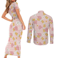 Hawaii Anthurium Tiare Pikake Lei Couples Matching Short Sleeve Bodycon Dress and Long Sleeve Button Shirt Akala Lauhala Art Pattern
