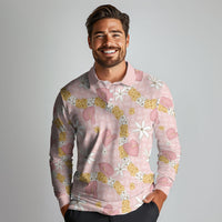 Hawaii Anthurium Tiare Pikake Lei Long Sleeve Polo Shirt Akala Lauhala Art Pattern