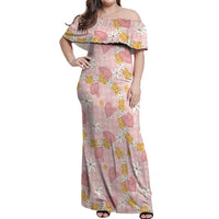 Hawaii Anthurium Tiare Pikake Lei Off Shoulder Maxi Dress Akala Lauhala Art Pattern LT01 Women Pink - Polynesian Pride