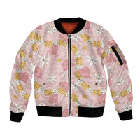 Hawaii Anthurium Tiare Pikake Lei Sleeve Zip Bomber Jacket Akala Lauhala Art Pattern