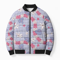 Hawaii Anthurium Tiare Pikake Lei Bomber Puffer Jacket Poni Lauhala Art Pattern LT01 Unisex Purple - Polynesian Pride