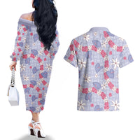 Hawaii Anthurium Tiare Pikake Lei Couples Matching Off The Shoulder Long Sleeve Dress and Hawaiian Shirt Poni Lauhala Art Pattern LT01 - Polynesian Pride
