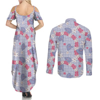 Hawaii Anthurium Tiare Pikake Lei Couples Matching Summer Maxi Dress and Long Sleeve Button Shirt Poni Lauhala Art Pattern LT01 - Polynesian Pride