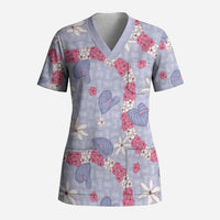 Hawaii Anthurium Tiare Pikake Lei Scrub Top Poni Lauhala Art Pattern LT01 Adult Purple - Polynesian Pride