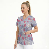 Hawaii Anthurium Tiare Pikake Lei Scrub Top Poni Lauhala Art Pattern LT01 - Polynesian Pride