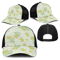Hawaii Anthurium Tiare Pikake Lei Baseball Net Cap Sage Green Lauhala Art Pattern