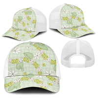 Hawaii Anthurium Tiare Pikake Lei Baseball Net Cap Sage Green Lauhala Art Pattern