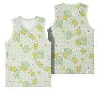 Hawaii Anthurium Tiare Pikake Lei Basketball Jersey Sage Green Lauhala Art Pattern