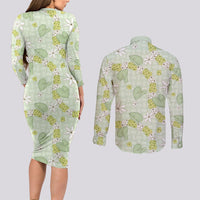 Hawaii Anthurium Tiare Pikake Lei Couples Matching Long Sleeve Bodycon Dress and Long Sleeve Button Shirt Sage Green Lauhala Art Pattern LT01 - Polynesian Pride