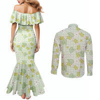 Hawaii Anthurium Tiare Pikake Lei Couples Matching Mermaid Dress and Long Sleeve Button Shirt Sage Green Lauhala Art Pattern LT01 - Polynesian Pride