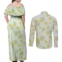 Hawaii Anthurium Tiare Pikake Lei Couples Matching Off Shoulder Maxi Dress and Long Sleeve Button Shirt Sage Green Lauhala Art Pattern LT01 - Polynesian Pride