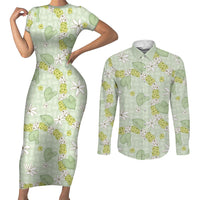 Hawaii Anthurium Tiare Pikake Lei Couples Matching Short Sleeve Bodycon Dress and Long Sleeve Button Shirt Sage Green Lauhala Art Pattern LT01 Green - Polynesian Pride