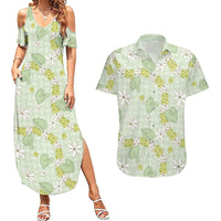 Hawaii Anthurium Tiare Pikake Lei Couples Matching Summer Maxi Dress and Hawaiian Shirt Sage Green Lauhala Art Pattern LT01 Green - Polynesian Pride