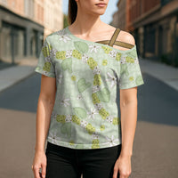Hawaii Anthurium Tiare Pikake Lei Cross Shoulder Shirt Sage Green Lauhala Art Pattern