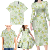 Hawaii Anthurium Tiare Pikake Lei Family Matching Long Sleeve Bodycon Dress and Hawaiian Shirt Sage Green Lauhala Art Pattern