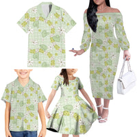 Hawaii Anthurium Tiare Pikake Lei Family Matching Off The Shoulder Long Sleeve Dress and Hawaiian Shirt Sage Green Lauhala Art Pattern