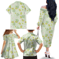 Hawaii Anthurium Tiare Pikake Lei Family Matching Off The Shoulder Long Sleeve Dress and Hawaiian Shirt Sage Green Lauhala Art Pattern