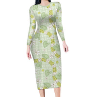 Hawaii Anthurium Tiare Pikake Lei Long Sleeve Bodycon Dress Sage Green Lauhala Art Pattern