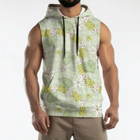 Hawaii Anthurium Tiare Pikake Lei Sleeveless Hoodie Sage Green Lauhala Art Pattern