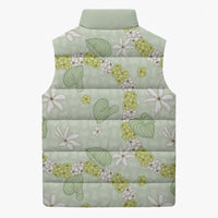 Hawaii Anthurium Tiare Pikake Lei Sleeveless Puffer Jacket Sage Green Lauhala Art Pattern LT01 - Polynesian Pride