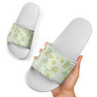 Hawaii Anthurium Tiare Pikake Lei Slide Sandals Sage Green Lauhala Art Pattern