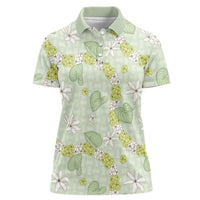 Hawaii Anthurium Tiare Pikake Lei Women Polo Shirt Sage Green Lauhala Art Pattern
