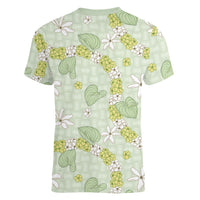 Hawaii Anthurium Tiare Pikake Lei Women V-Neck T-Shirt Sage Green Lauhala Art Pattern