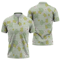Hawaii Anthurium Tiare Pikake Lei Zipper Polo Shirt Sage Green Lauhala Art Pattern