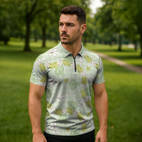 Hawaii Anthurium Tiare Pikake Lei Zipper Polo Shirt Sage Green Lauhala Art Pattern
