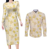 Hawaii Anthurium Tiare Pikake Lei Couples Matching Long Sleeve Bodycon Dress and Long Sleeve Button Shirt Melemele Lauhala Art Pattern LT01 Yellow - Polynesian Pride