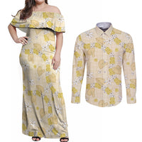 Hawaii Anthurium Tiare Pikake Lei Couples Matching Off Shoulder Maxi Dress and Long Sleeve Button Shirt Melemele Lauhala Art Pattern