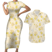 Hawaii Anthurium Tiare Pikake Lei Couples Matching Short Sleeve Bodycon Dress and Hawaiian Shirt Melemele Lauhala Art Pattern