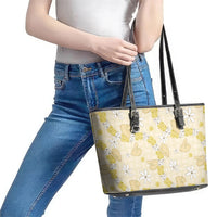 Hawaii Anthurium Tiare Pikake Lei Leather Tote Bag Melemele Lauhala Art Pattern