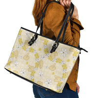 Hawaii Anthurium Tiare Pikake Lei Leather Tote Bag Melemele Lauhala Art Pattern