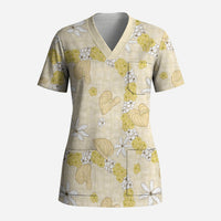 Hawaii Anthurium Tiare Pikake Lei Scrub Top Melemele Lauhala Art Pattern