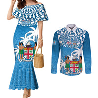 Fiji Couples Matching Mermaid Dress and Long Sleeve Button Shirts Bula Fijian Tapa Pattern LT01 Blue - Polynesian Pride