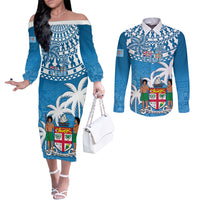 Personalised Fiji Couples Matching Off The Shoulder Long Sleeve Dress and Long Sleeve Button Shirts Bula Fijian Tapa Pattern LT01 Blue - Polynesian Pride