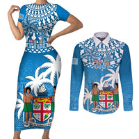Personalised Fiji Couples Matching Short Sleeve Bodycon Dress and Long Sleeve Button Shirts Bula Fijian Tapa Pattern LT01 Blue - Polynesian Pride
