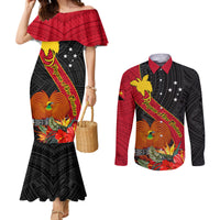 Personalised Papua New Guinea Couples Matching Mermaid Dress and Long Sleeve Button Shirts Bird Of Paradise With Tropical Flower LT01 Black - Polynesian Pride