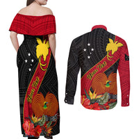 Personalised Papua New Guinea Couples Matching Off Shoulder Maxi Dress and Long Sleeve Button Shirts Bird Of Paradise With Tropical Flower LT01 - Polynesian Pride