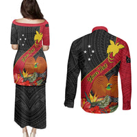 Personalised Papua New Guinea Couples Matching Puletasi Dress and Long Sleeve Button Shirts Bird Of Paradise With Tropical Flower LT01 - Polynesian Pride