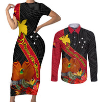 Personalised Papua New Guinea Couples Matching Short Sleeve Bodycon Dress and Long Sleeve Button Shirts Bird Of Paradise With Tropical Flower LT01 Black - Polynesian Pride