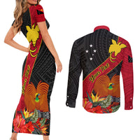 Personalised Papua New Guinea Couples Matching Short Sleeve Bodycon Dress and Long Sleeve Button Shirts Bird Of Paradise With Tropical Flower LT01 - Polynesian Pride