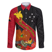 Personalised Papua New Guinea Family Matching Mermaid Dress and Hawaiian Shirt Bird Of Paradise With Tropical Flower LT01 Dad's Shirt - Long Sleeve Black - Polynesian Pride